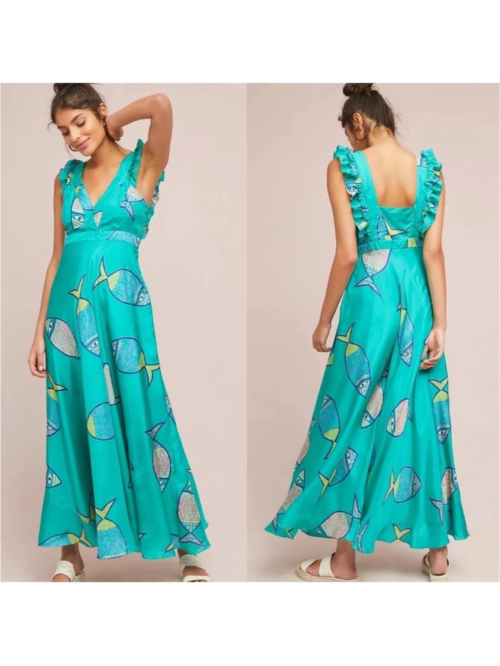Silk Maxi dress schools out fish print from Anthropologie - Picture 3 of 10